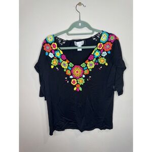 Vintage Soft Surroundings Floral Crochet Embroidered Beaded Top 3/4 sleeve Sz L